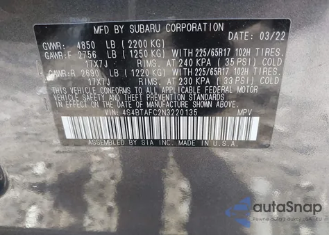 2022 Subaru Outback Premium z USA, uszkodzony, nr VIN 4S4BTAFC2N3220135